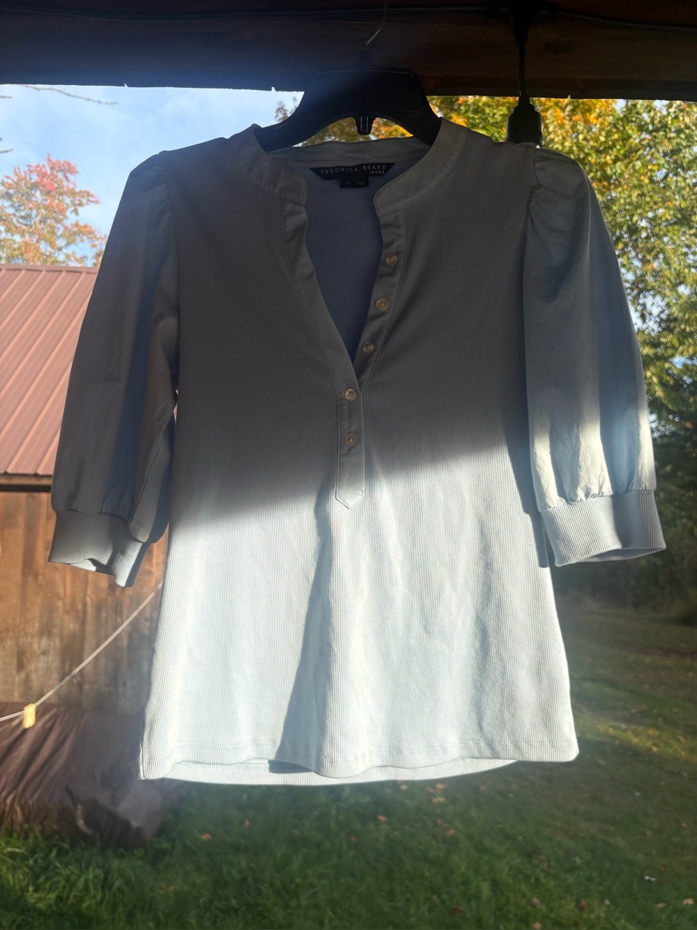 Veronica Beard Coralee Puff Sleeve Top Sea Glass Blue